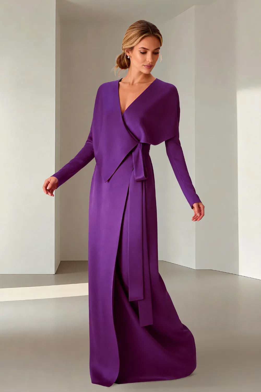 Elegant Long Sleeve Wrap Maxi Formal Dress