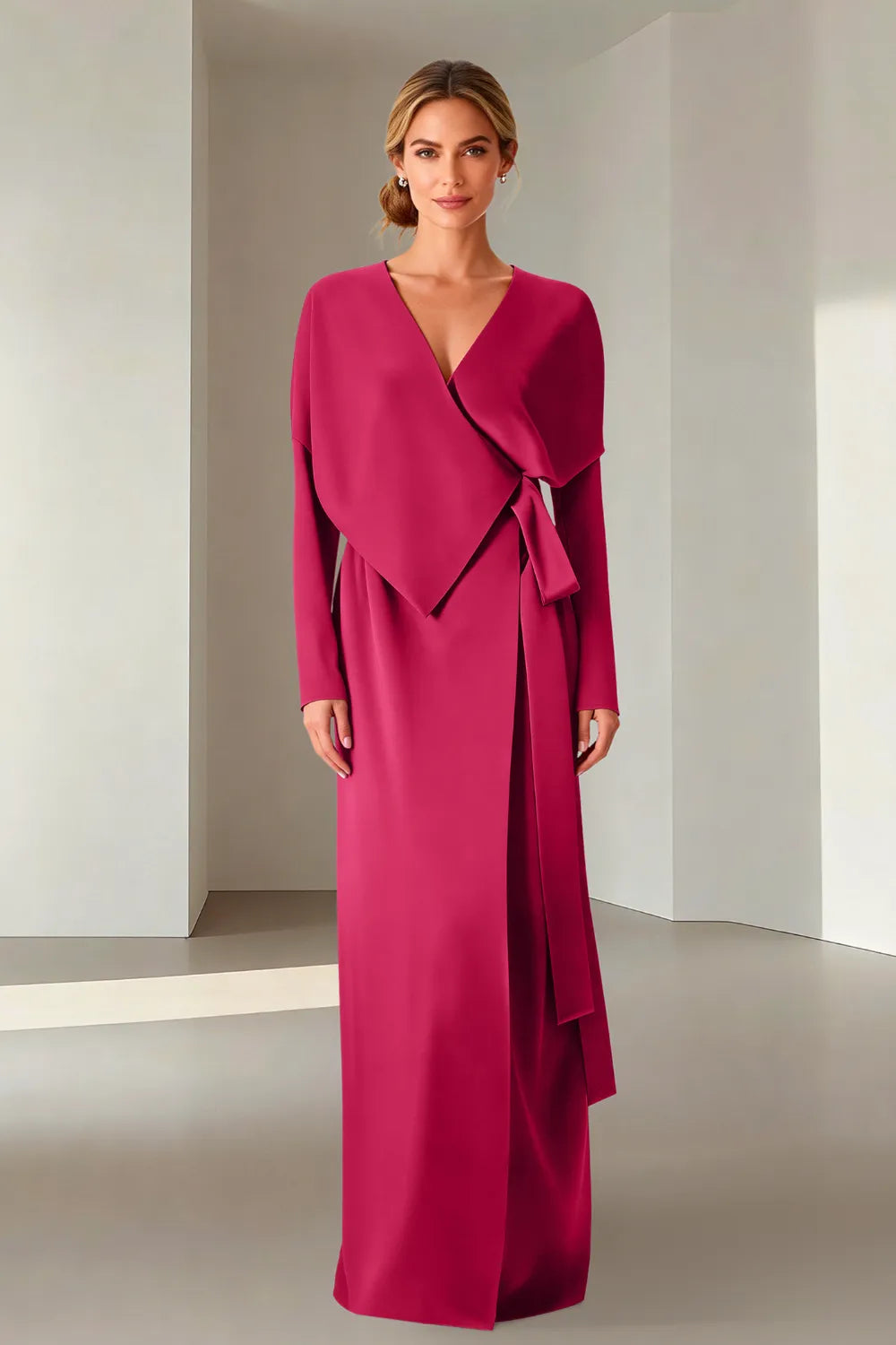 Elegant Long Sleeve Wrap Maxi Formal Dress