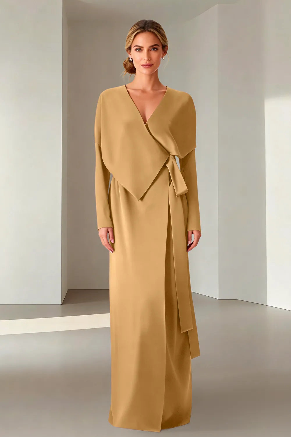 Elegant Long Sleeve Wrap Maxi Formal Dress