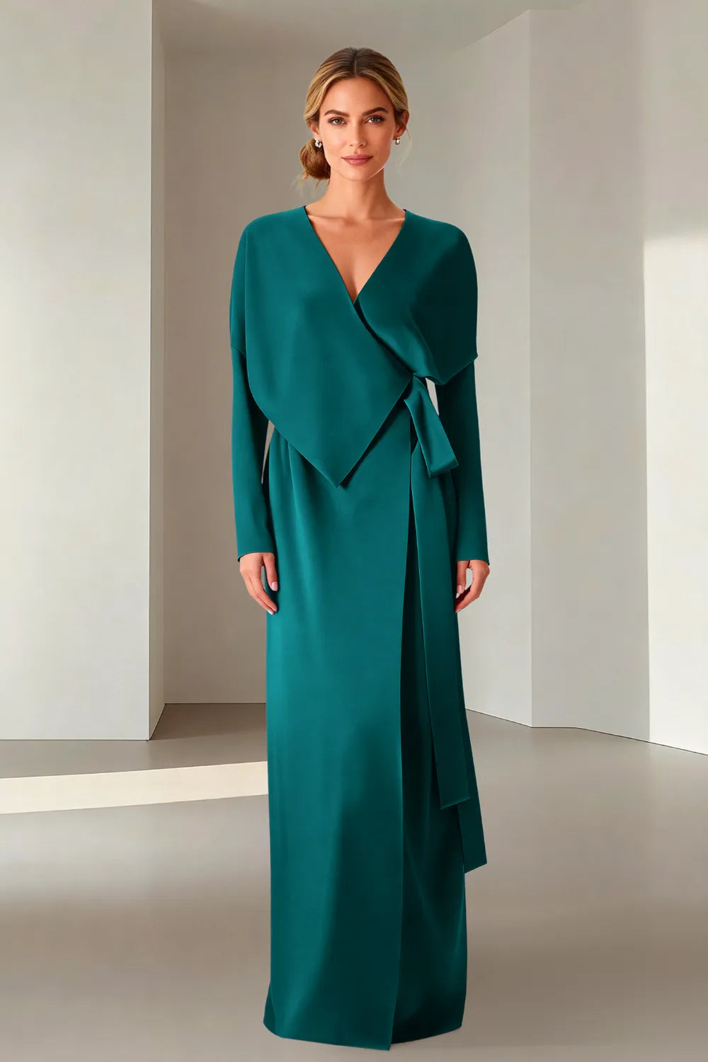 Elegant Long Sleeve Wrap Maxi Formal Dress