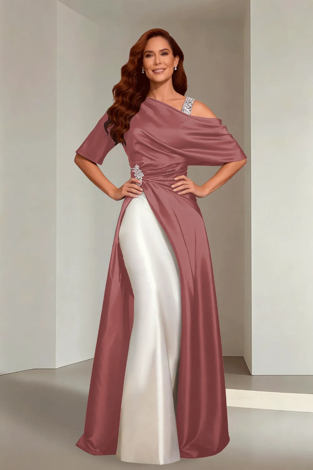 Draped Satin Evening Gown with Crystal Strap