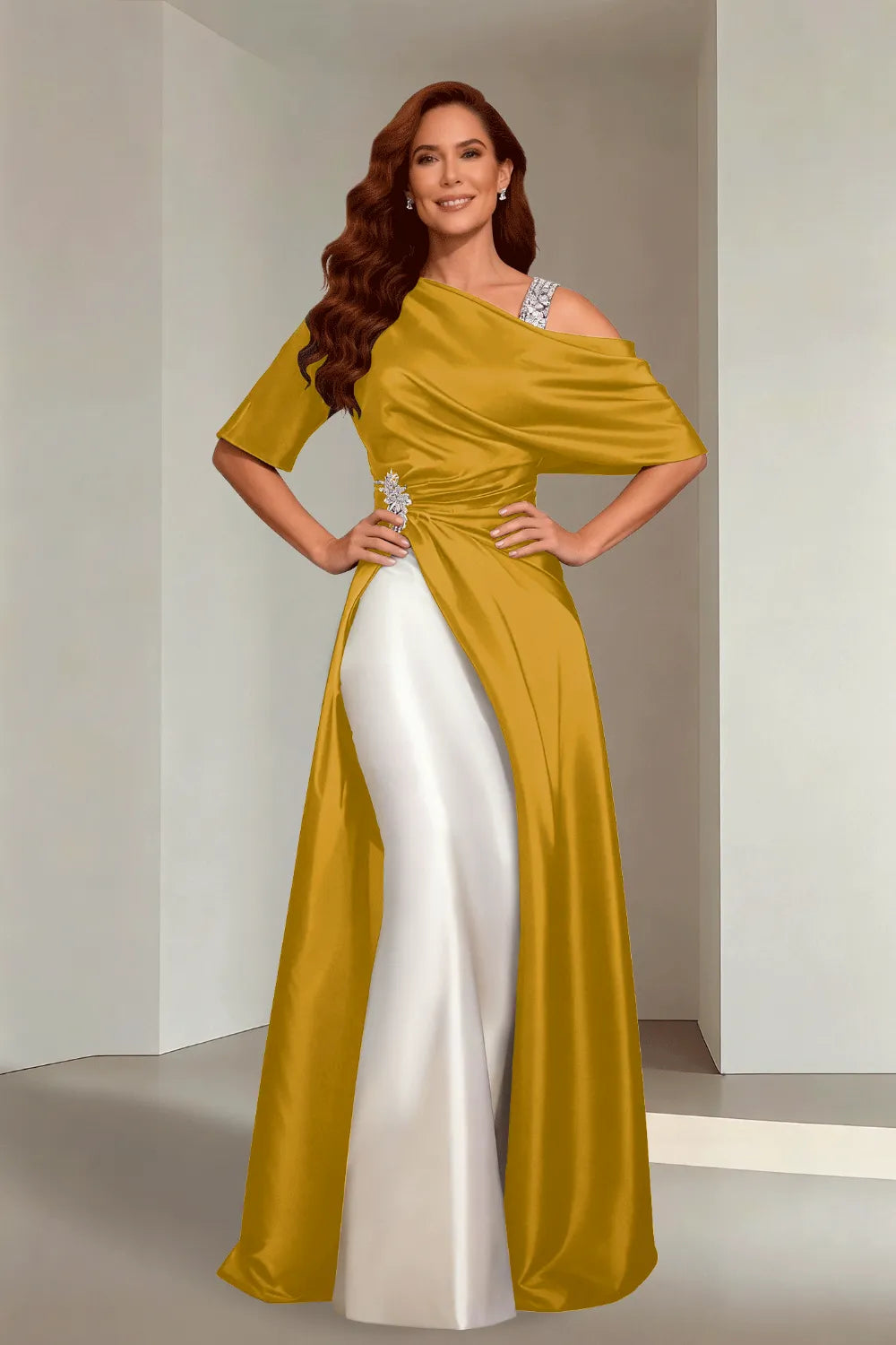 Draped Satin Evening Gown with Crystal Strap