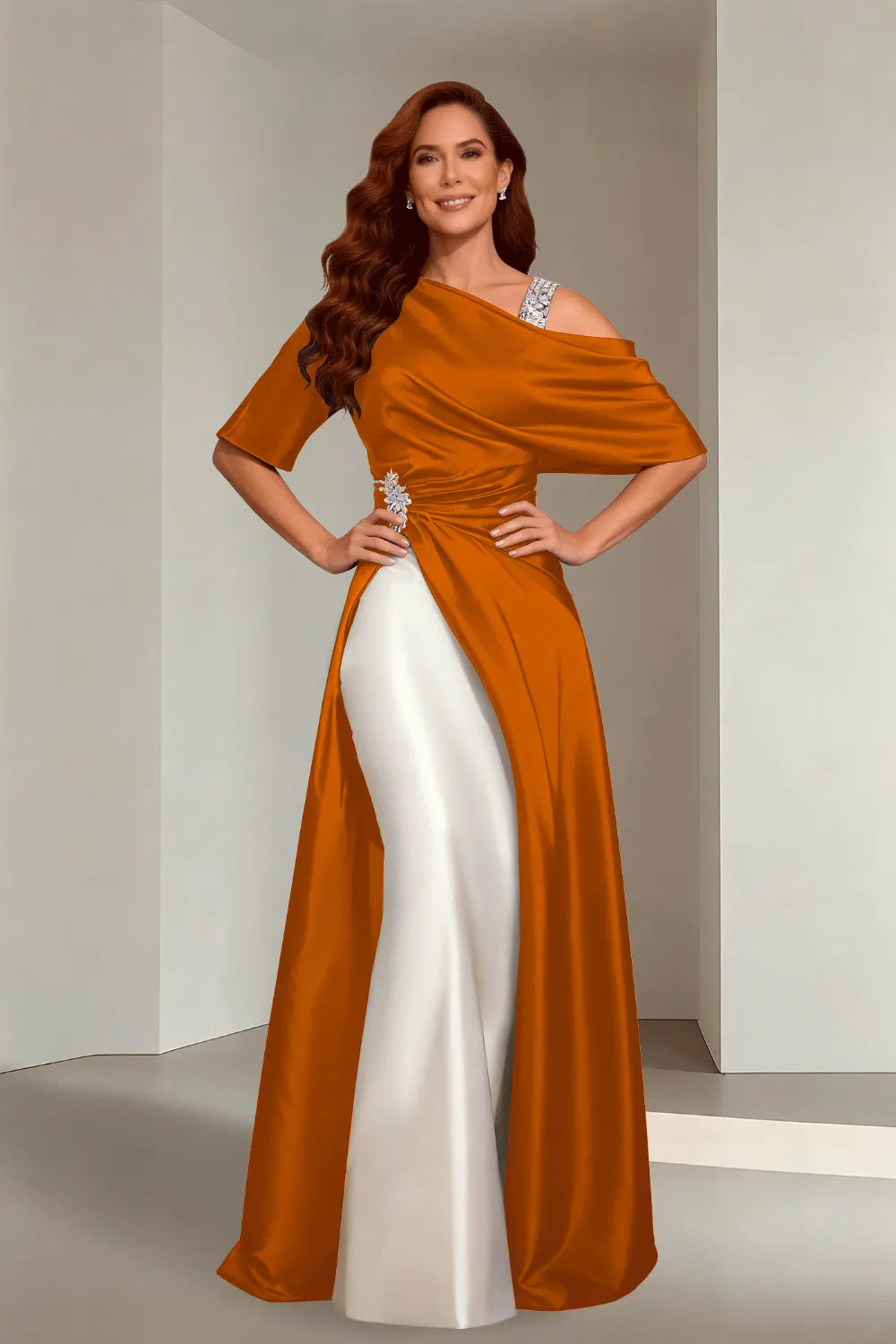 Draped Satin Evening Gown with Crystal Strap