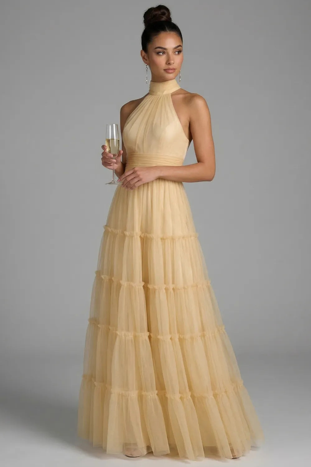 Golden Grace Tiered Tulle Maxi Dress