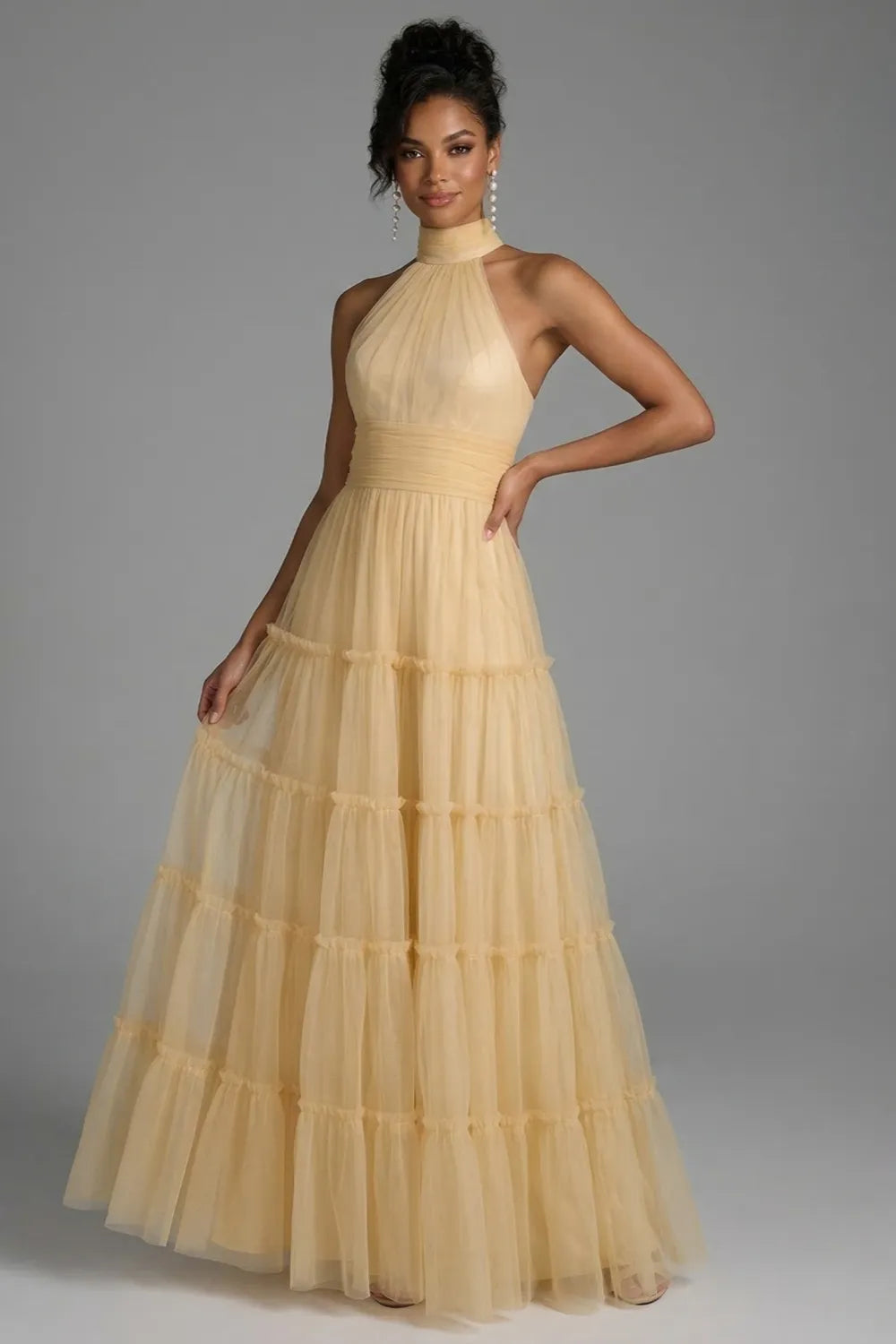 Golden Grace Tiered Tulle Maxi Dress