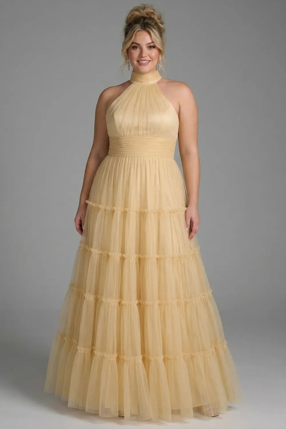 Golden Grace Tiered Tulle Maxi Dress